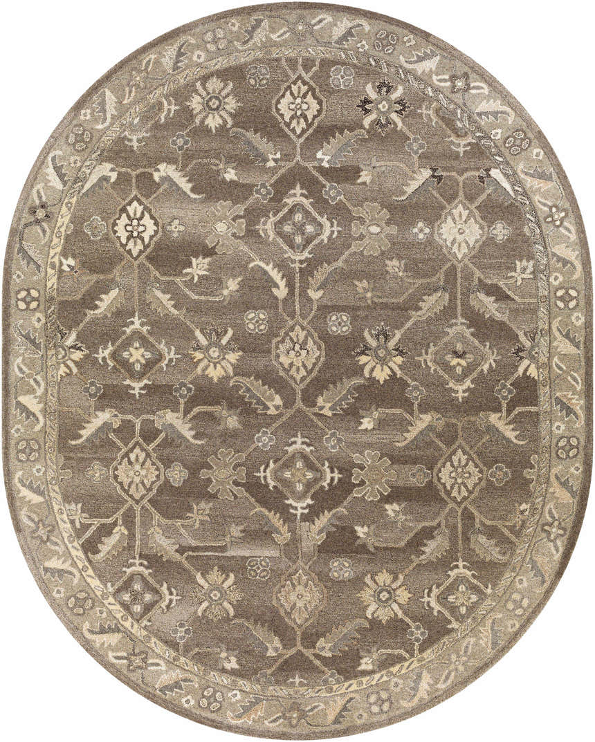 Detailed oval Solen Area Rug in brown wool with a traditional floral pattern. Design-Oval-810