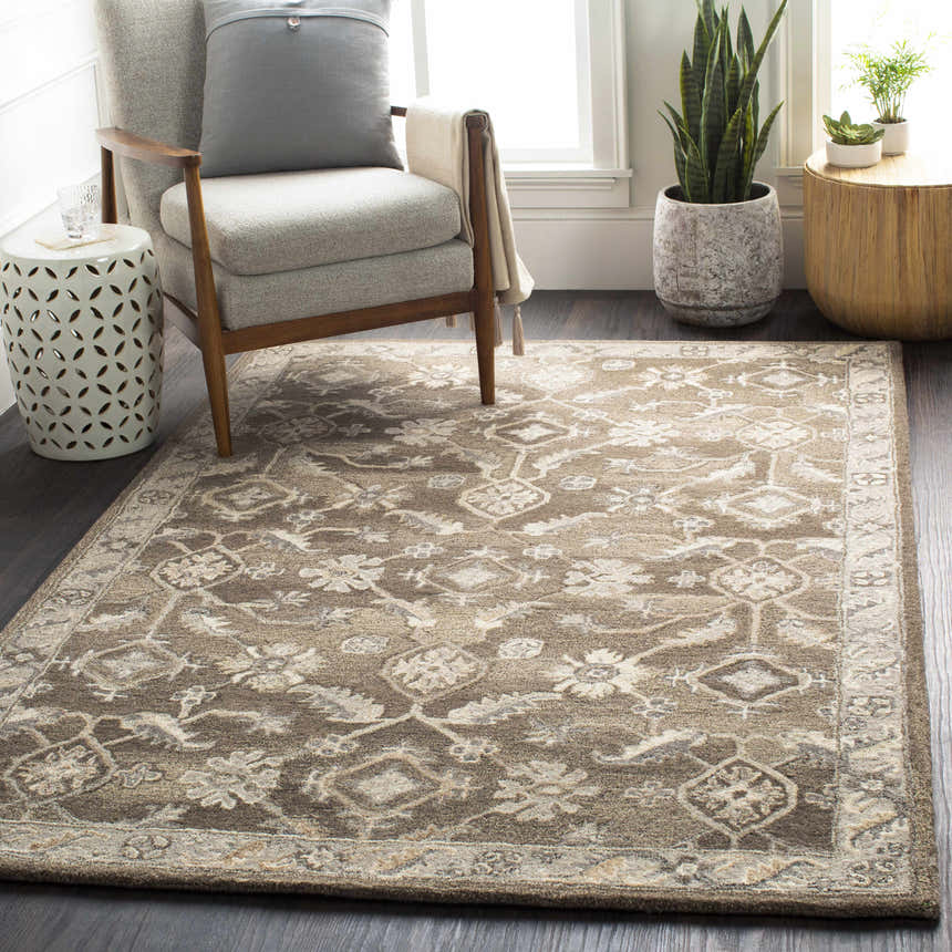 Living room scene with a brown Solen Area Rug, gray armchair, and plants. Neutral, cozy decor. Roomscene-Rectangle