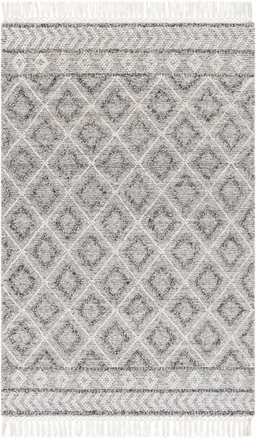 Close-up of the Sook Area Rug. Hand woven rug with dark gray diamond pattern and white fringe. Bohemian style. Design-Rectangle-576