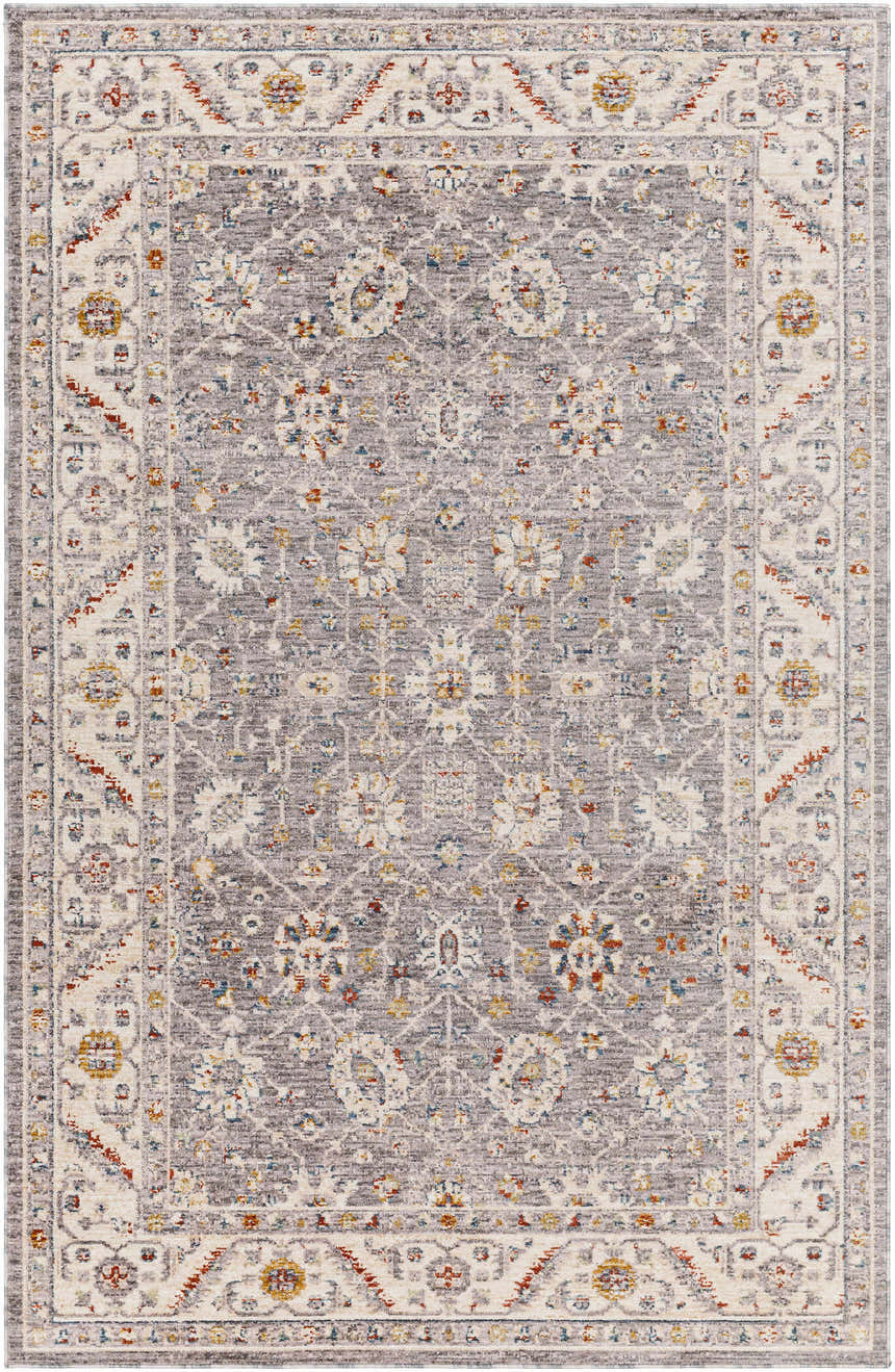 Detailed view of the Sosi Area Carpet in dark beige, garnet, and gray. Traditional floral pattern with a farmhouse style. Design-Rectangle-58
