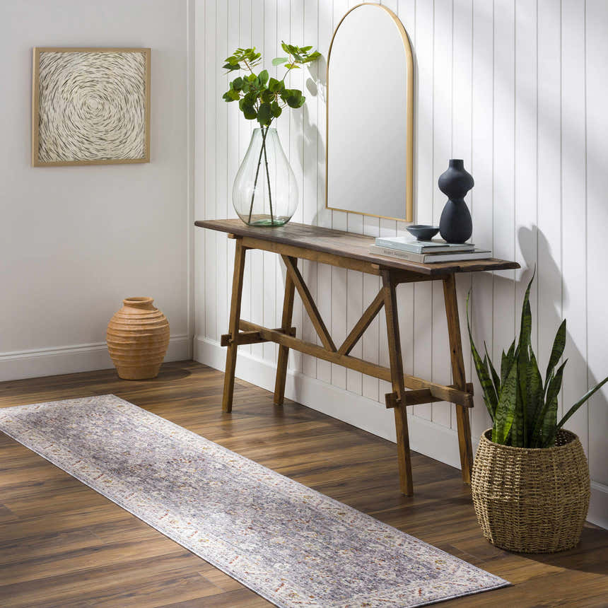 Entryway with a dark wood console table and a gray, garnet, and beige Sosi Area Carpet runner. Roomscene-Runner