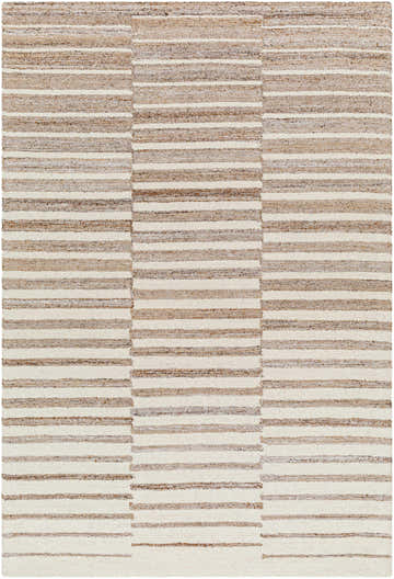 Close-up of Gawel Brown Area Rug with a contemporary striped pattern in beige, bone, and brown hues. Hand-tufted texture. Design-Rectangle-576