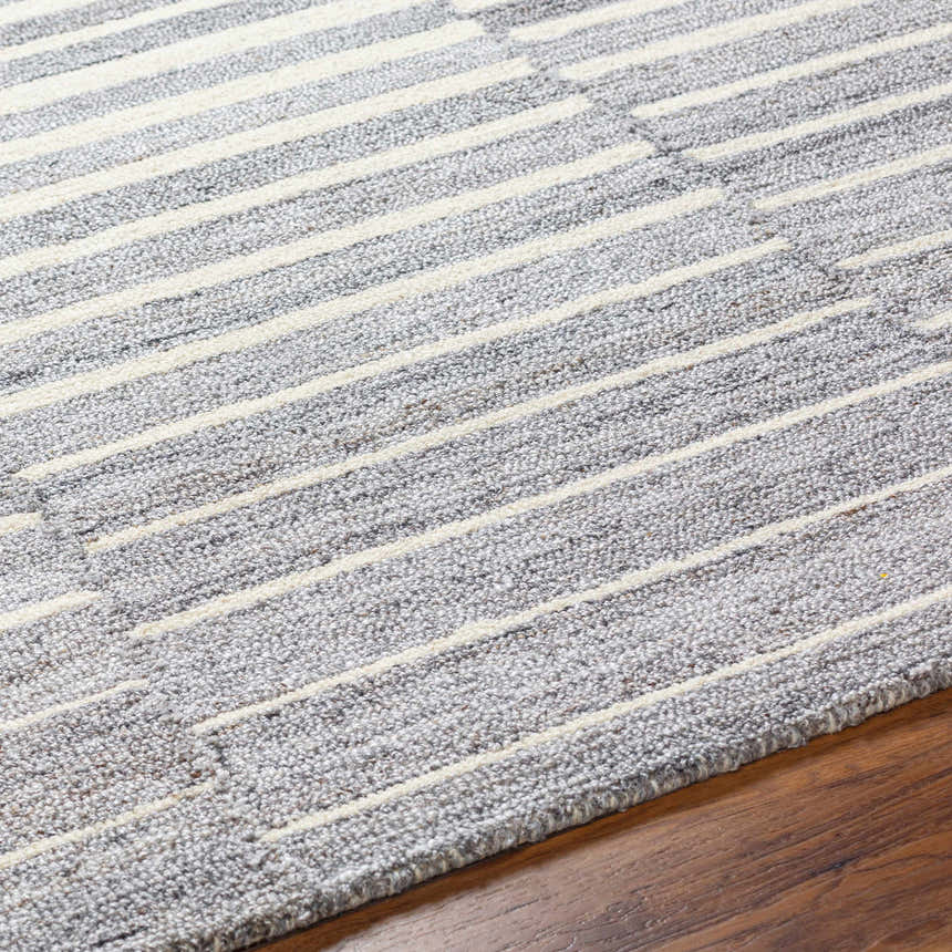 Close-up of Gawel Gray Area Rug showing its textured gray and cream striped, contemporary design. Texture