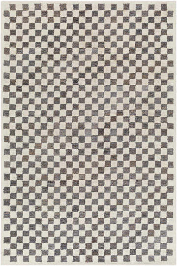 Close-up of the Halen Taupe Checkered Area Rug. Features a brown and taupe checkerboard pattern with a hand-tufted texture. Design-Rectangle-576