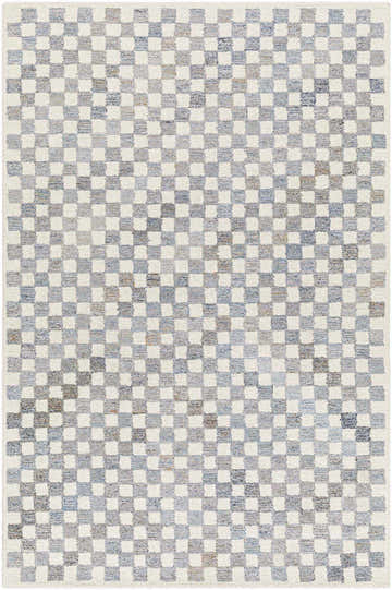 Close-up of the Halen Gray Checkered Area Rug. Hand-tufted wool rug with a contemporary geometric checkerboard pattern. Design-Rectangle-576