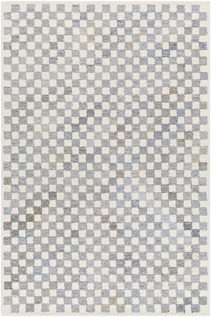 Close-up of the Halen Gray Checkered Area Rug. Hand-tufted wool rug with a contemporary geometric checkerboard pattern. Design-Rectangle-576