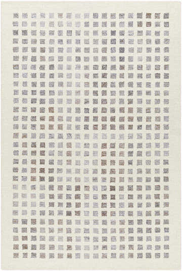 Close-up of the hand-tufted Harib Area Rug. Geometric pattern in beige, bone, gray, and brown wool. Design-Rectangle-576