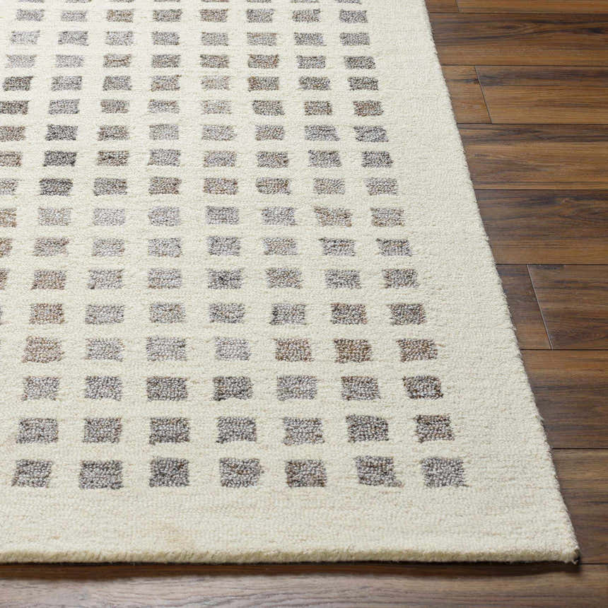 Close-up of the hand-tufted Harib Area Rug. Beige wool rug with a geometric pattern of brown and gray squares. Front