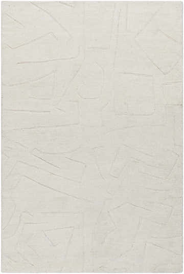 Close-up of the Mony Ivory Area Rug, a hand-tufted wool rug with a light silver, contemporary geometric design. Design-Rectangle-576