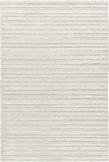 Close-up of the hand-loomed Karla Ivory Area Rug. Beige and bone cotton and viscose rug with a subtle horizontal stripe pattern. Design-Rectangle-576