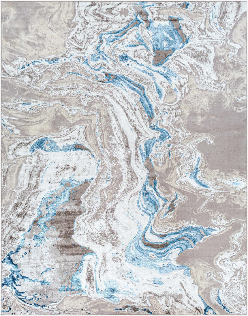 Close-up of the Speldhurst Blue Marble Rug. Cream, dark blue, and gray swirl in a contemporary marble pattern. Design-Rectangle-71010