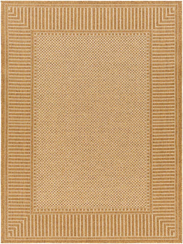 Close-up of the Amora Flatweave Faux Jute Rug. Beige and camel tones with a woven texture and striped border design. Design-Rectangle-537