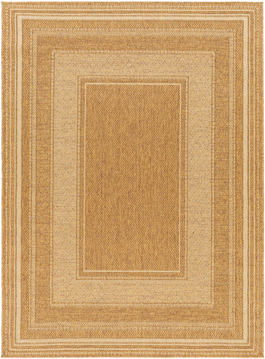 Close-up of the Chael Flatweave Faux Jute Rug. Beige, camel, and brown tones with a geometric border pattern. Design-Rectangle-537