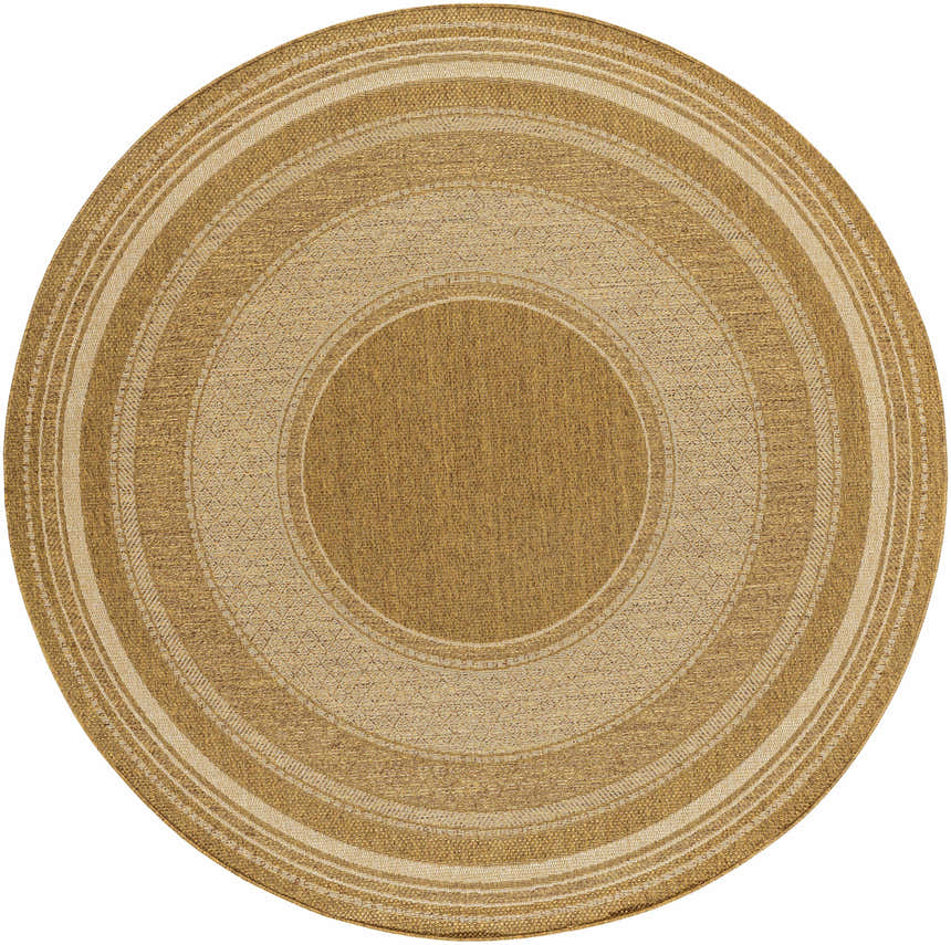 Round Chael Flatweave Faux Jute Rug in beige, camel, and brown tones, with a concentric circle pattern. Design-Round