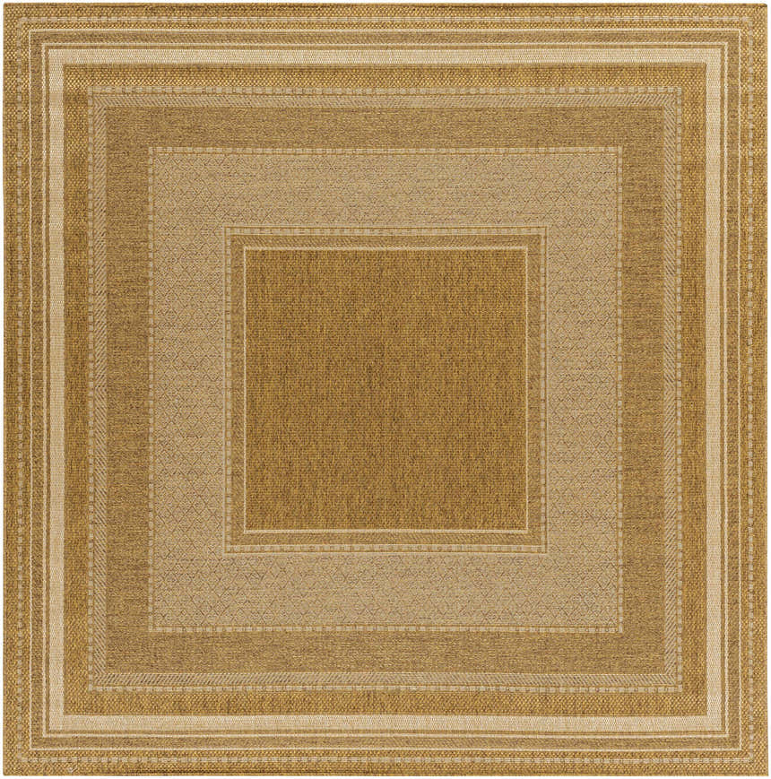Close-up of the Chael Flatweave Faux Jute Rug. Square rug with beige, camel, and brown concentric borders and woven texture. Design-Square-710
