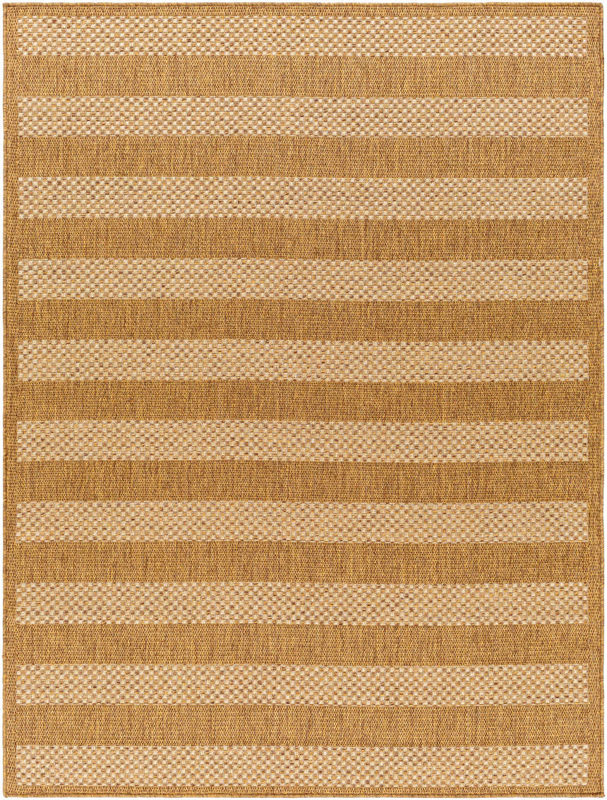 Close-up of the Hiero Flatweave Faux Jute Rug, showcasing beige and champagne horizontal stripes and woven texture. Design-Rectangle-537