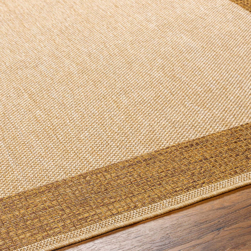 Close-up of the Inigo Flatweave Faux Jute Rug showing the dark beige texture and dark brown border detail. Texture