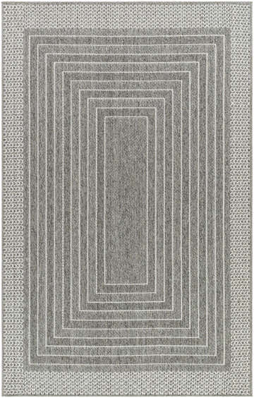 Gray Mopsa Nickel Area Rug. Machine-woven polypropylene rug with a gray, nickel, and white geometric square pattern. Design-Rectangle-537