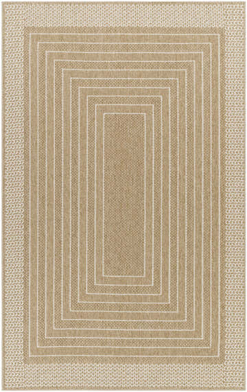 Close-up of Mopsa Tan Area Rug showing its farmhouse style, tan color, white accents, and woven texture. Design-Rectangle-537