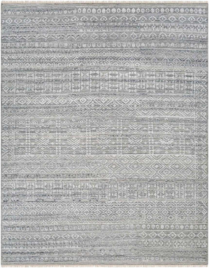 Close-up of Gray Kazi Area Rug. Hand-knotted, geometric design in beige, black, charcoal, teal, and white recycled PET yarn. Design-Rectangle-810