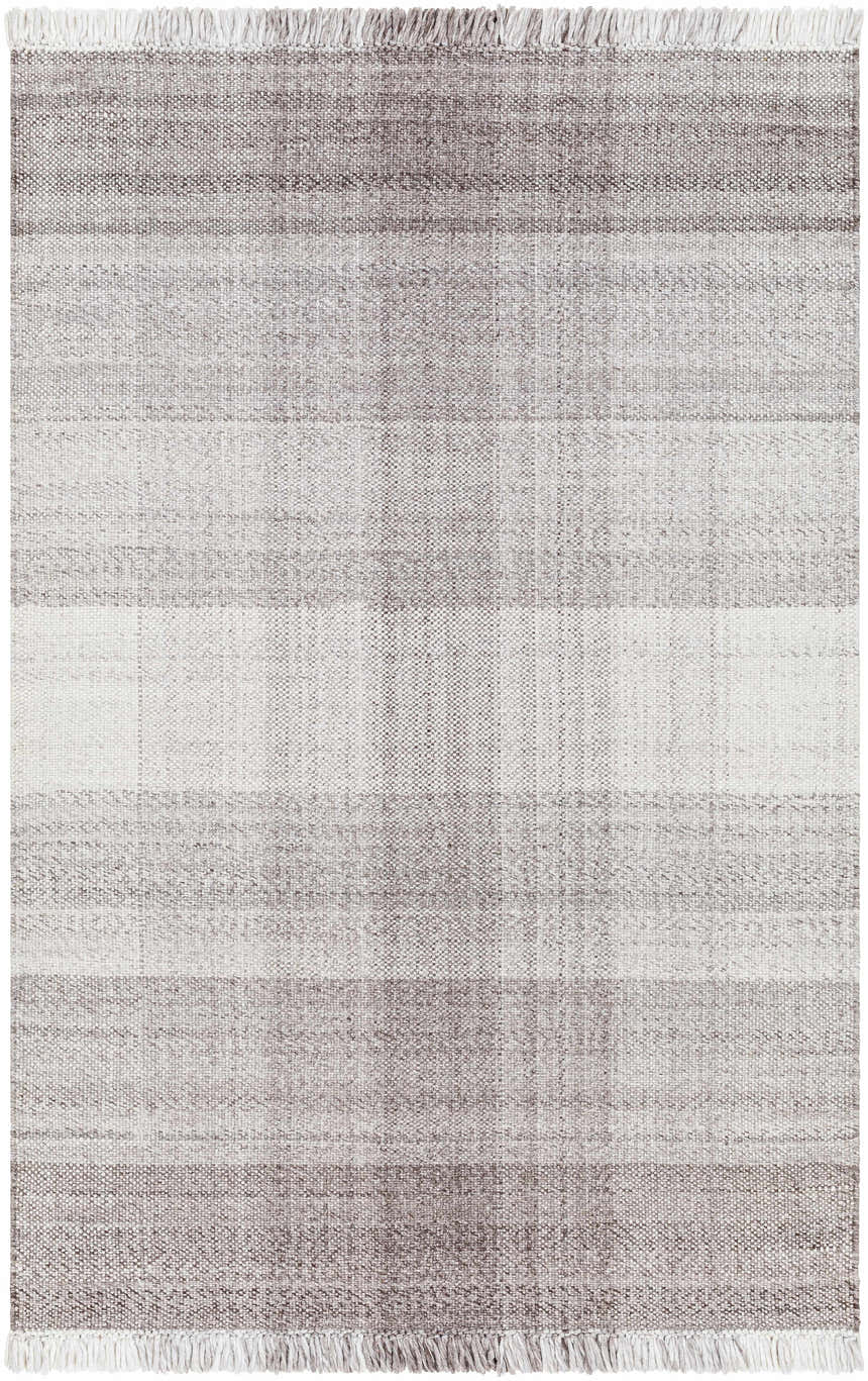 Close-up of the hand woven Fiora Area Rug. Features a gray and brown striped pattern and fringe. Design-Rectangle-576