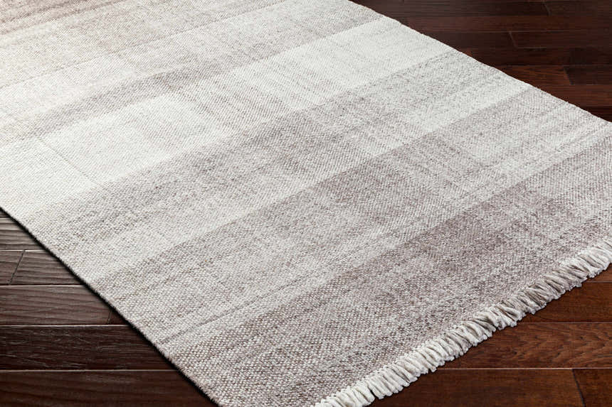 Close-up of the Fiora Area Rug showing its woven texture, neutral stripes, and fringe detail on a dark wood floor. Corner