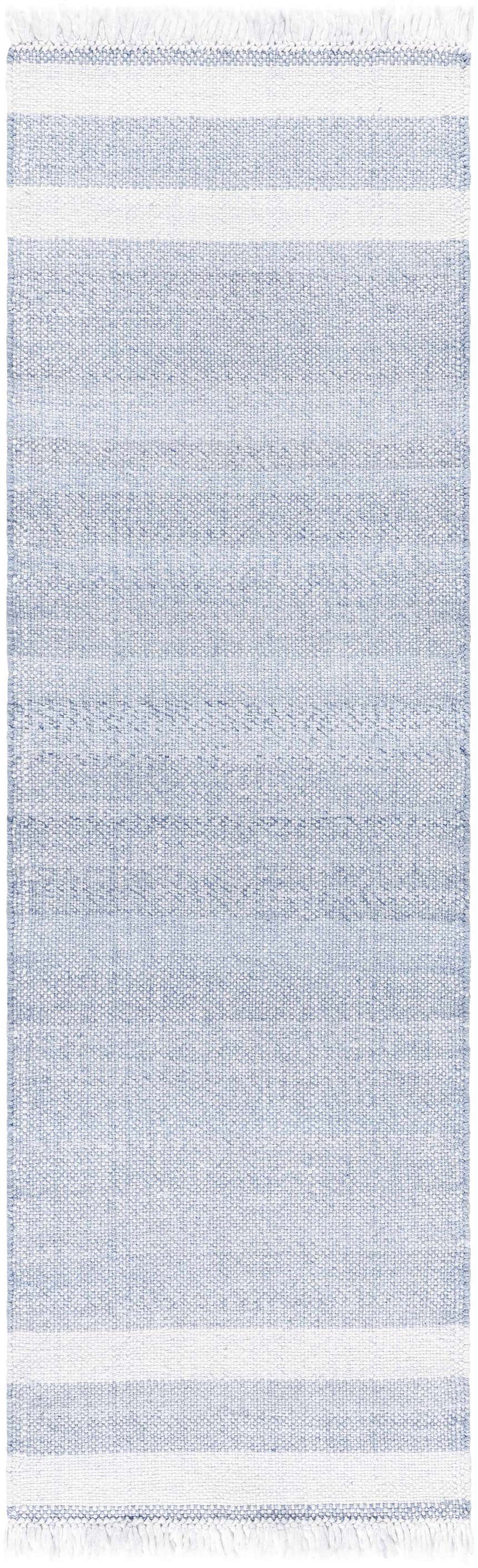 Close-up of the Loic Silver Blue Area Rug, featuring a woven texture and simple white stripes. Design-Runner-268