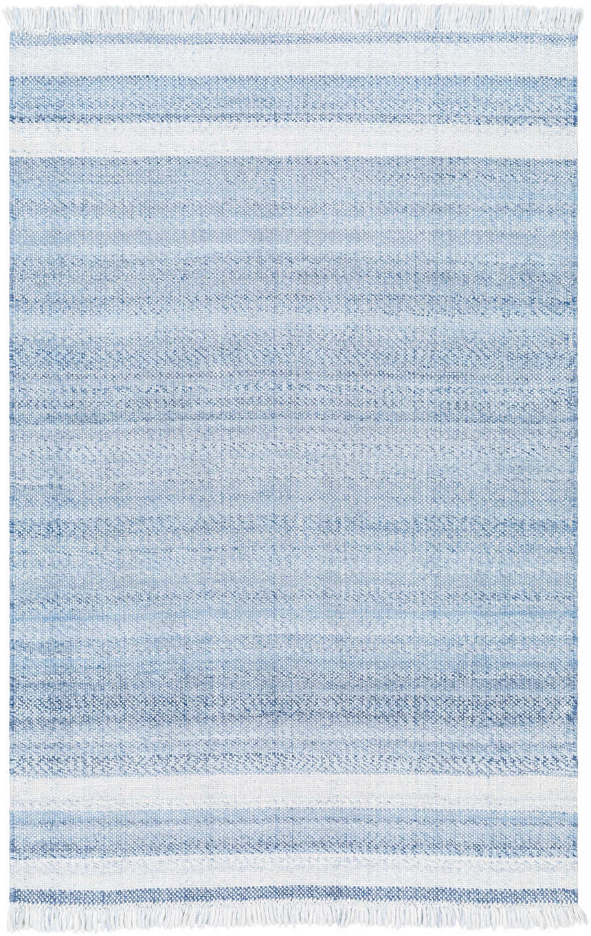 Close-up of the Loic Silver Blue Area Rug. Hand-woven rug with light blue stripes and fringed edges. Design-Rectangle-576