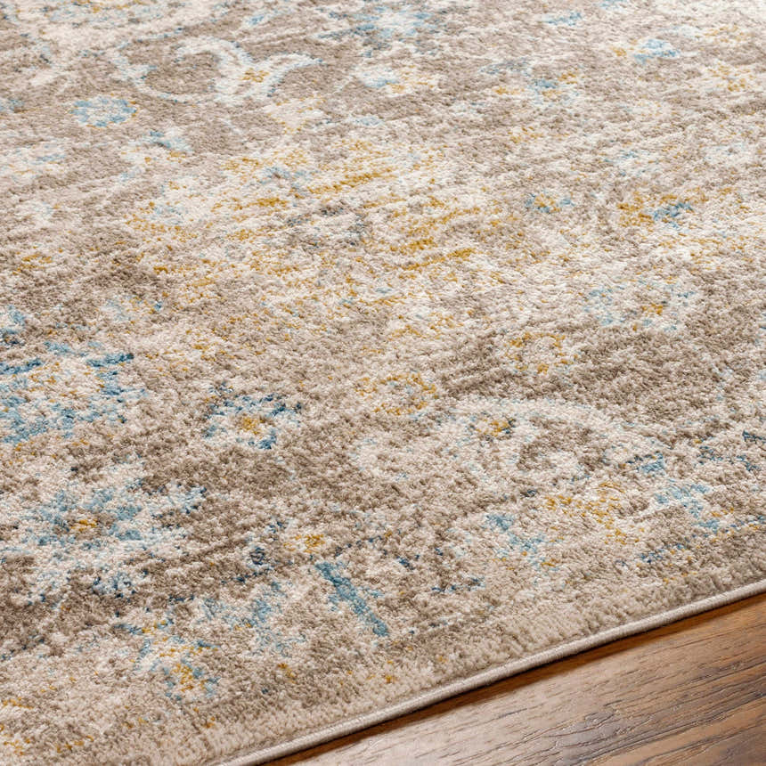 Close-up of the Harim Light Brown Area Rug showing its traditional pattern, light brown, blue, and gold colors, and soft texture. Texture
