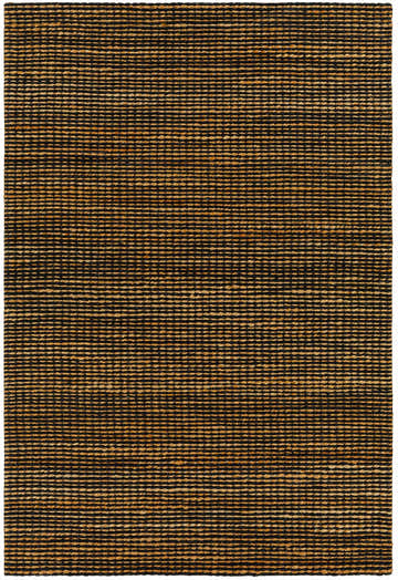 Close-up of the Riki Black Area Rug, a hand woven jute rug with a contemporary black and tan striped pattern. Design-Rectangle-576