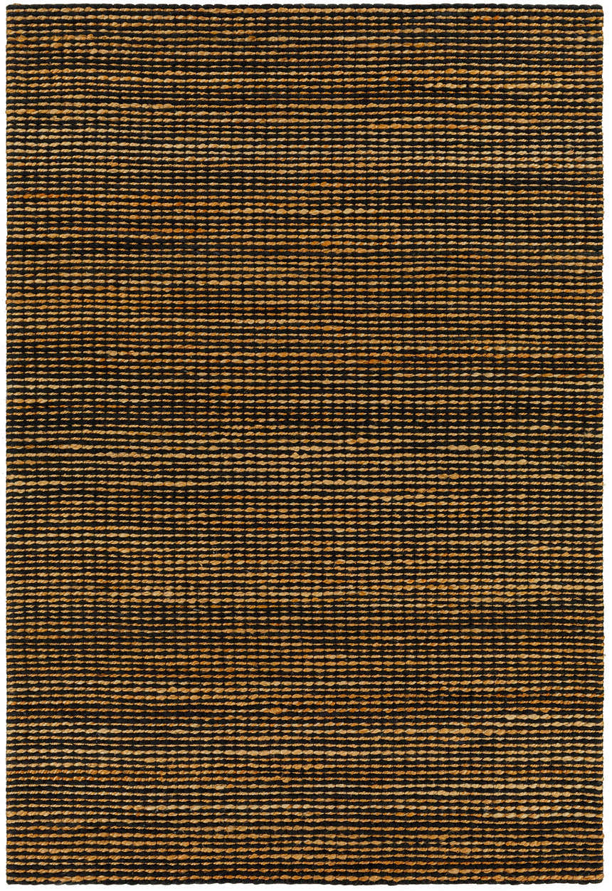Close-up of the Riki Black Area Rug, a hand woven jute rug with a contemporary black and tan striped pattern. Design-Rectangle-576