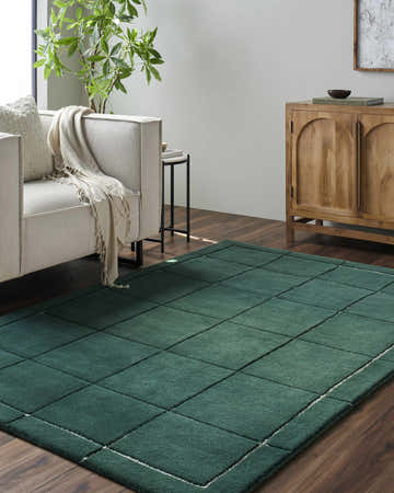 Living room scene with a Siarl Green Checkered Area Rug, beige sofa, wood cabinet, and dark wood floors. Roomscene-Rectangle