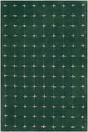 Close-up of the Sanvi Green Tufted Wool Rug. Features a textured green pile with a white plus sign pattern. Design-Rectangle-576