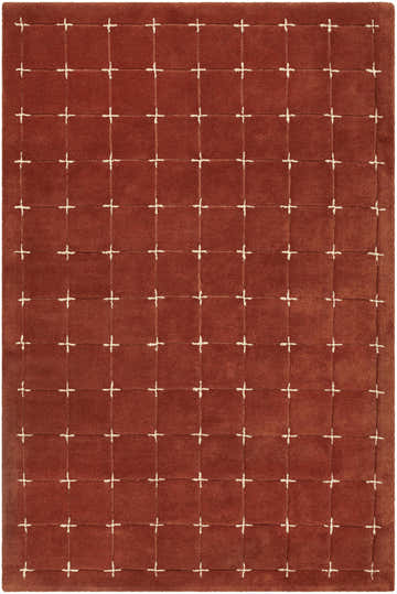 Close-up of the Sanvi Wool Area Rug. Rust-colored rug with a contemporary plus sign pattern. Hand-tufted wool texture. Design-Rectangle-576