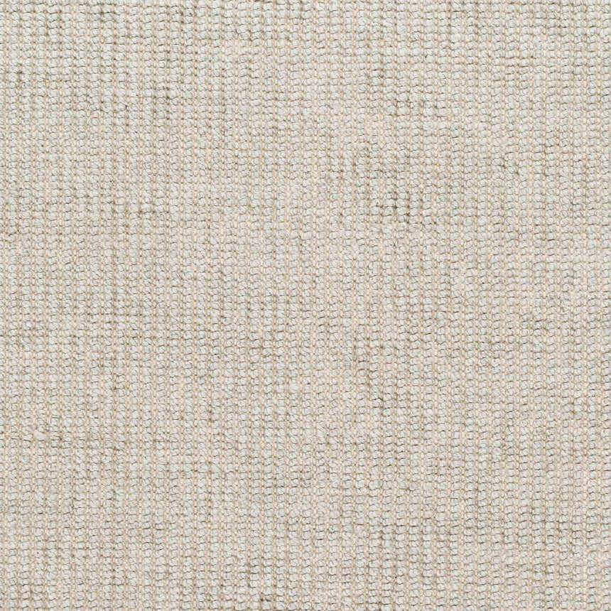 Close-up of the Blaga Area Rug in cloud gray. Hand-woven texture detail of the contemporary rug made of recycled PET yarn. Swatch