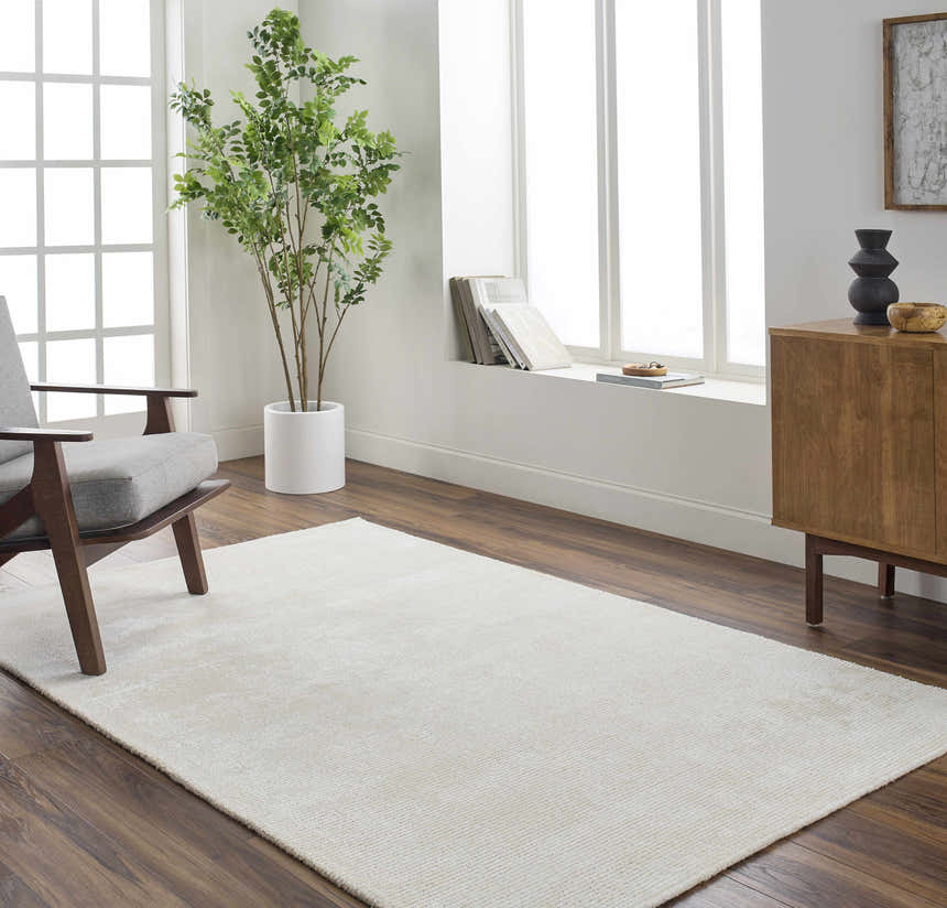 Light silver Nazih Area Rug in a bright living room with wood floors and mid-century modern furniture. Roomscene-Rectangle