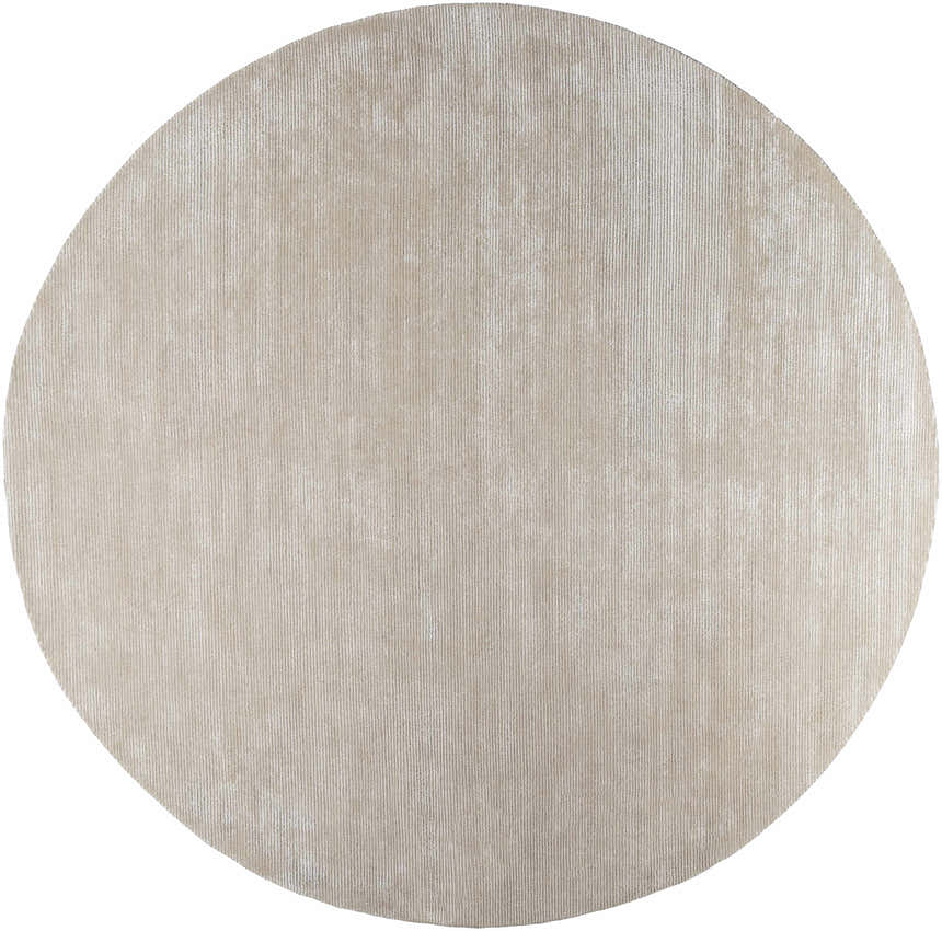 Close-up of a round Pirro Premium Wool Blend Rug in ash and pearl, showing subtle vertical stripes and soft texture. Design-Round