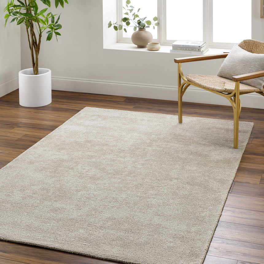 Living room scene with a neutral Pirro Premium Wool Blend Rug, woven chair, and potted plant. Roomscene-Rectangle