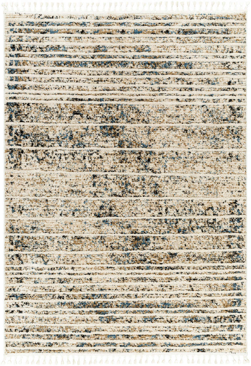 Close-up of Miyu Brown Area Rug. Beige rug with horizontal stripes in brown, charcoal, and blue. Tassels on either end. Design-Rectangle-537