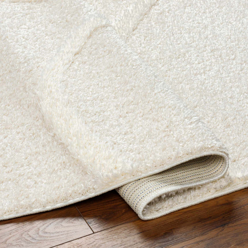 Close-up of the Horst Off White Area Rug showing its plush, shag texture and durable backing on a wood floor. Fold