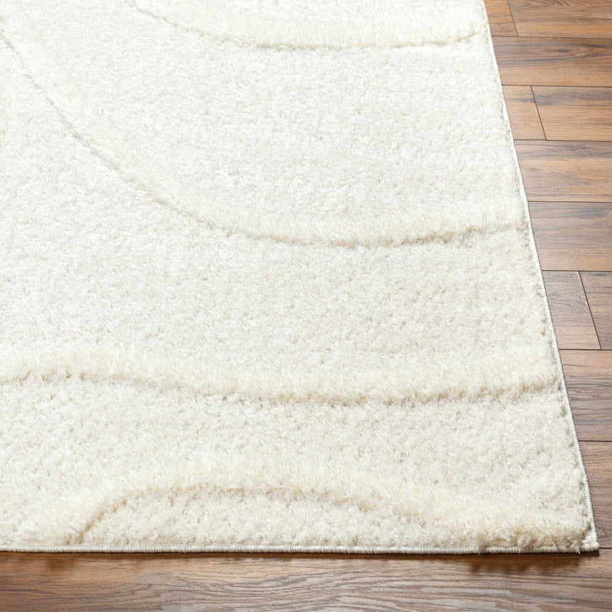 Close up of the plush Horst Off White area rug showing its shag texture and subtle wave pattern on wood floor. Front