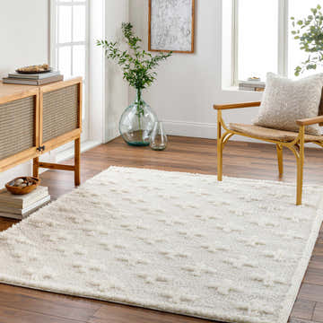 Living room scene with a bone Satu Cream Area Rug, wood console table, and gold accent chair. Roomscene-Rectangle