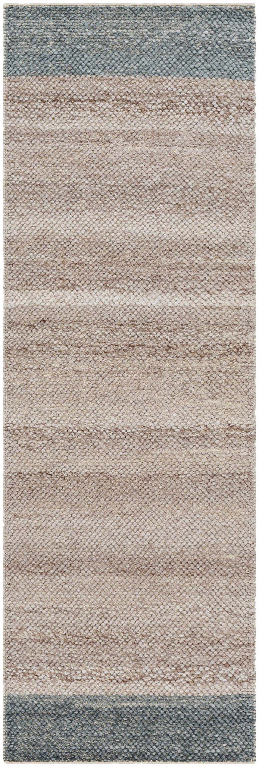 Close-up of the hand woven Edwin Area Rug. Features a contemporary design in gray, brown, and lambswool hues. Design-Runner-268