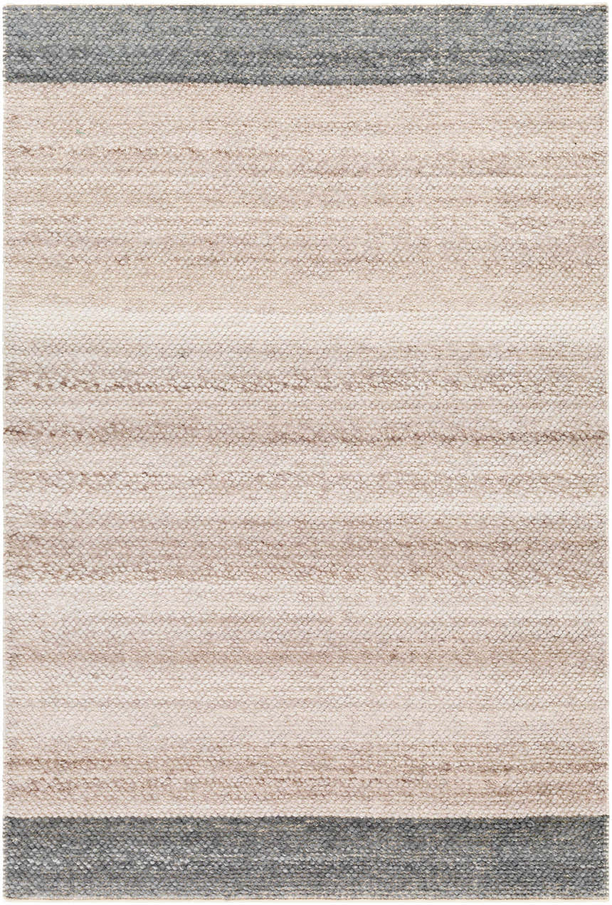 Close-up of the hand woven Edwin Area Rug. Features gray and lambswool stripes. Recycled PET yarn texture. Design-Rectangle-576