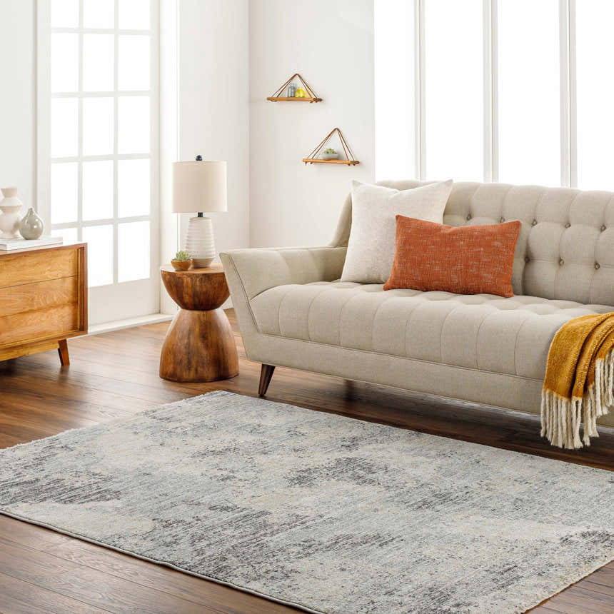 Living room scene with a beige sofa and the Gatik Area Rug in beige and gray on a wood floor. Roomscene-Rectangle