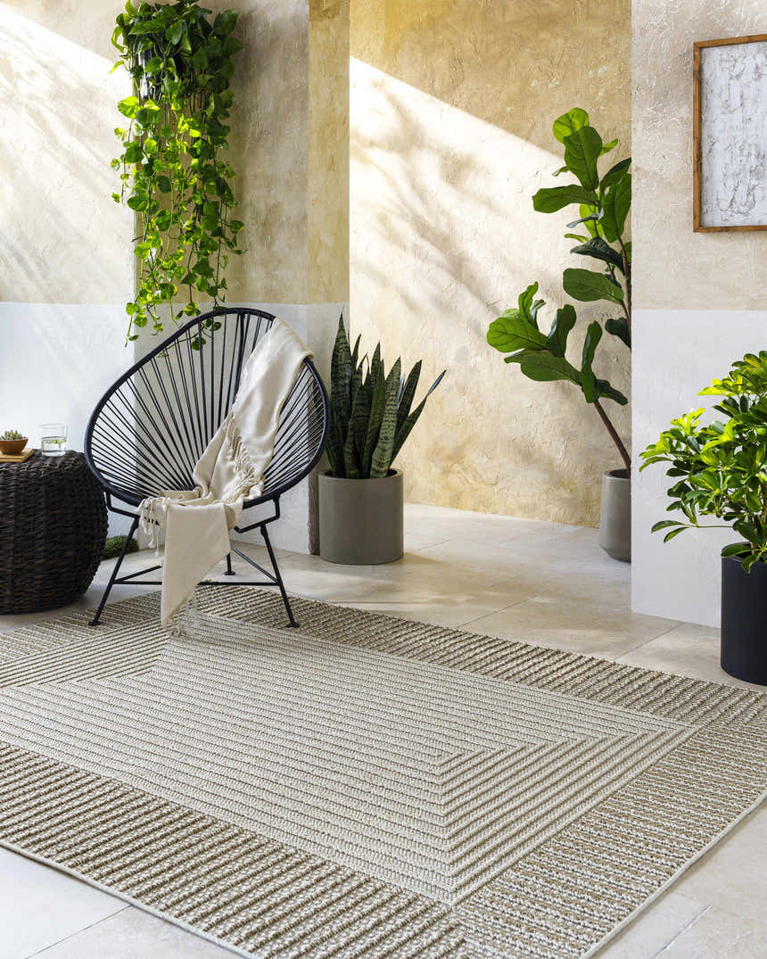 Neutral sunroom with Gurij Area Rug, black chair, and potted plants. Contemporary style. Roomscene-Rectangle