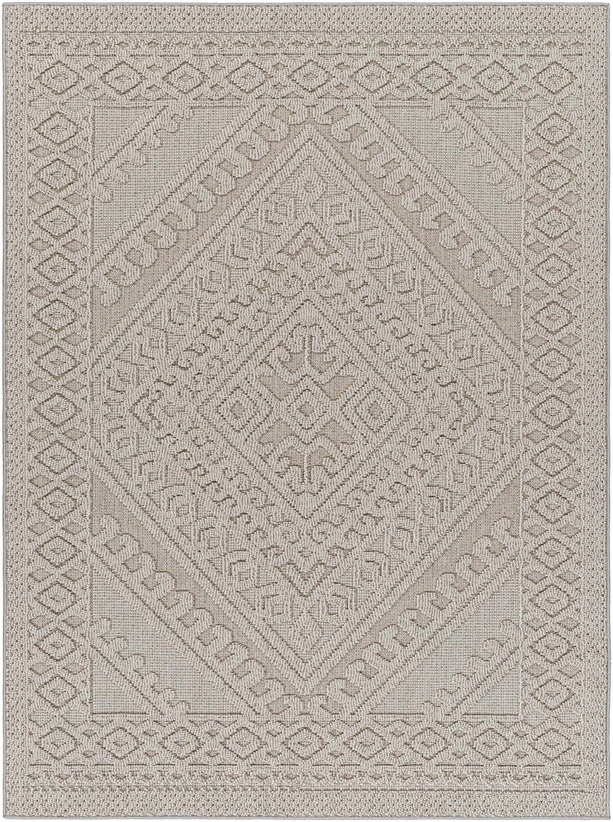 Close-up of the Hibah Natural Gray Area Rug, featuring a geometric diamond pattern and subtle texture. Design-Rectangle-537