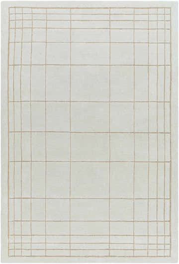 Close-up of the Sedna Wool Area Rug. Medium gray rug with a tan grid pattern. Hand-tufted, contemporary style. Design-Rectangle-576