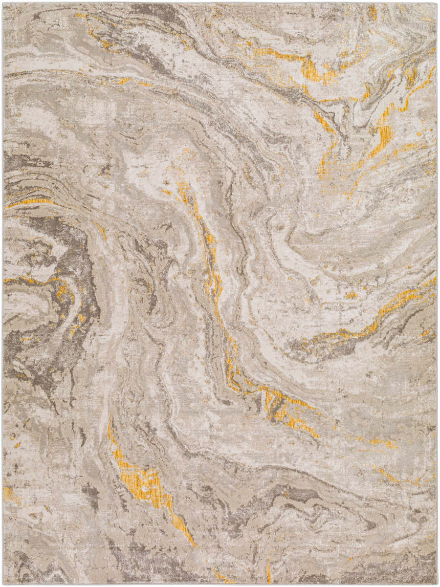 Close-up of Akins Beige Marble Rug. Contemporary style rug with beige, gray, and mustard marble pattern. Machine woven texture. Design-Rectangle-537