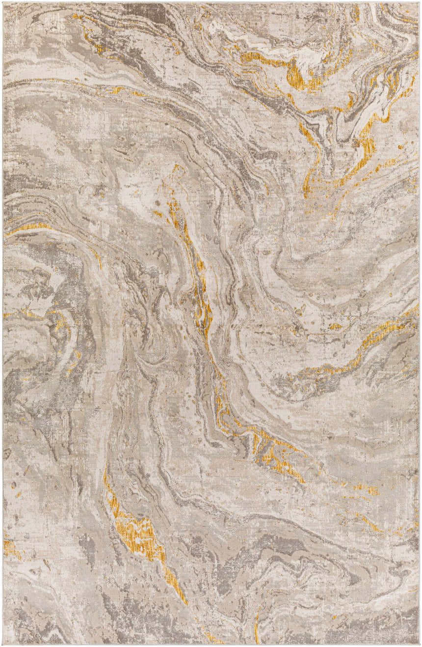 Close-up of the Akins Beige Marble Rug, featuring a contemporary marble-like pattern in beige, gray, and subtle gold accents. Design-Rectangle-679